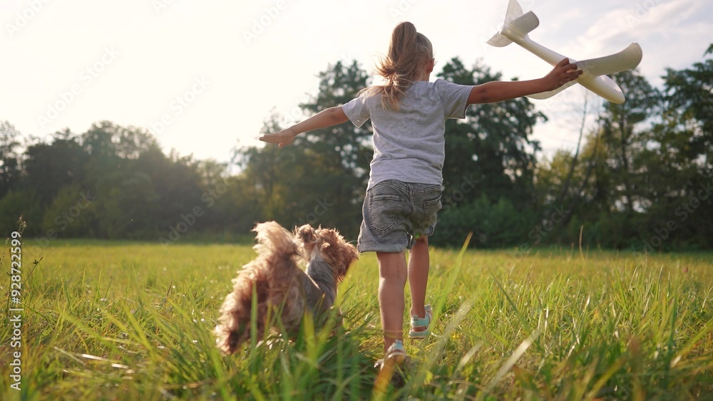 the girl runs with the plane and the dog. happy family kid dream concept. girl daughter running across a field of green grass in the park playing with a toy airplane and a pet lifestyle dog the girl runs with the plane and the dog. happy family kid dream concept. girl daughter running across a field of green grass in the park playing with a toy airplane and a pet lifestyle dog