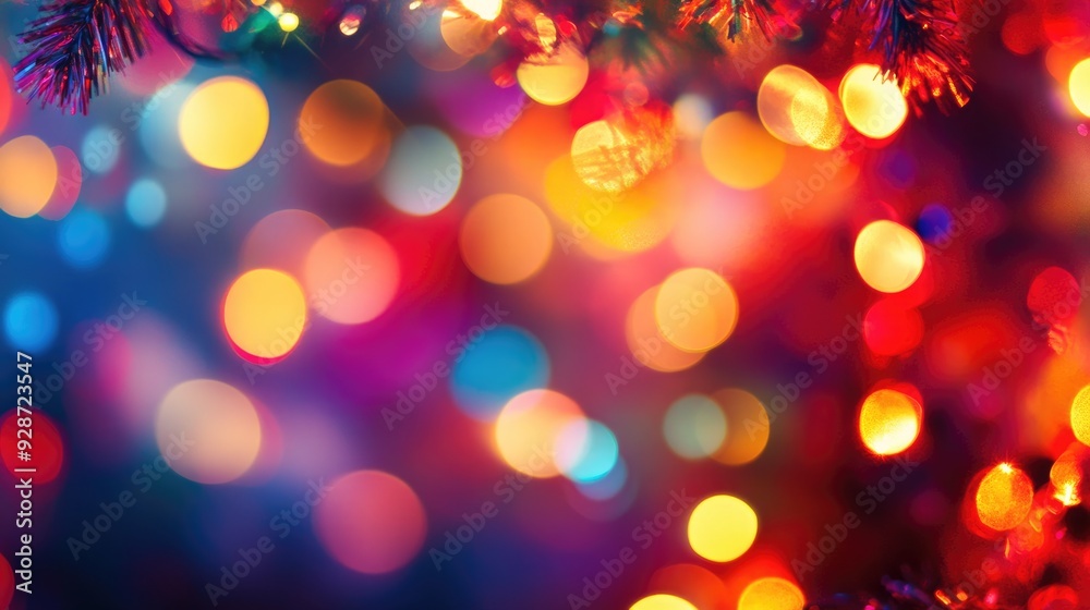 Bright, colorful bokeh lights on an abstract festive background, with soft focus creating a magical, joyful holiday vibe.