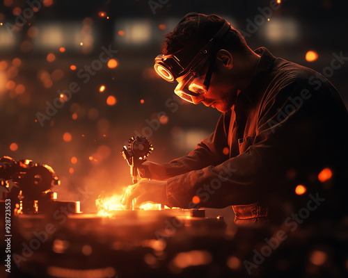 A focused man wearing safety goggles works diligently with metal, surrounded by glowing sparks in an industrial setting.