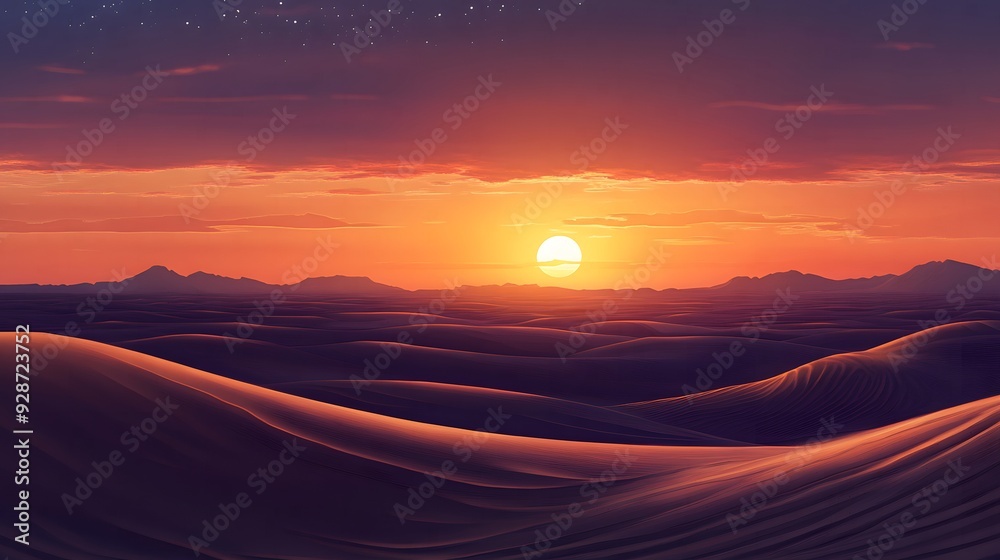 A panoramic view of the Tatooine desert landscape at twilight, featuring expansive, rolling dunes under a sky ablaze with deep oranges, violets, and indigos. A panoramic view of the Tatooine desert landscape at twilight, featuring expansive, rolling dunes under a sky ablaze with deep oranges, violets, and indigos.