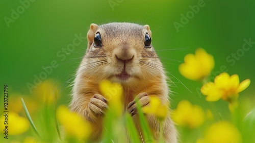 A small brown squirrel is standing in a field of yellow flowers. The squirrel is looking at the camera with its mouth open. Concept of curiosity and playfulness