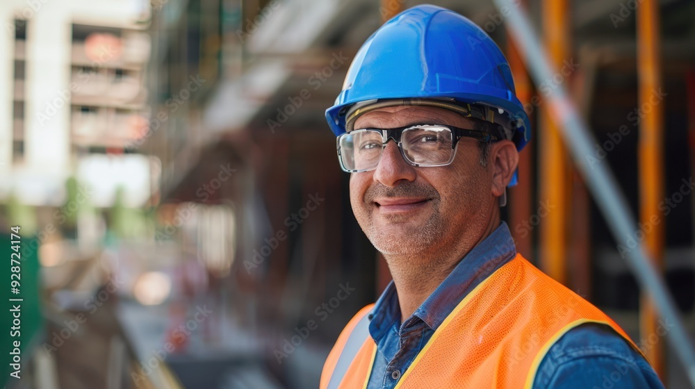 Portrait of satisfied construction site manager wearing safety vest and blue helmet 