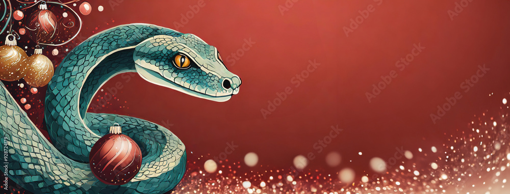 Snake with christmas decorations on a red background. Chinese lunar 2025 is the year of the snake. Christmas banner. Happy New Year and Merry Christmas.