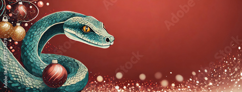 Obraz na płótnie Snake with christmas decorations on a red background. Chinese lunar 2025 is the year of the snake. Christmas banner. Happy New Year and Merry Christmas. w salonie