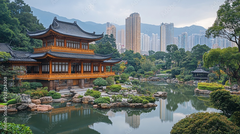 A peaceful view of the Chi Lin Nunnery in Kowloon, with its traditional wooden architecture and tranquil gardens. A peaceful view of the Chi Lin Nunnery in Kowloon, with its traditional wooden architecture and tranquil gardens.