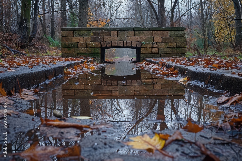 A serene autumn scene featuring a cobblestone bridge and its reflection in a rainwater puddle surrounded by fallen leaves in a forested area A serene autumn scene featuring a cobblestone bridge and its reflection in a rainwater puddle surrounded by fallen leaves in a forested area