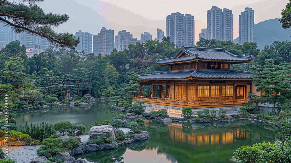 A peaceful view of the Chi Lin Nunnery in Kowloon, with its traditional wooden architecture and tranquil gardens. A peaceful view of the Chi Lin Nunnery in Kowloon, with its traditional wooden architecture and tranquil gardens.