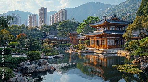 A peaceful view of the Chi Lin Nunnery in Kowloon, with its traditional wooden architecture and tranquil gardens.