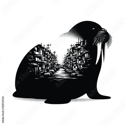 silhouette of Walrusfilled with ghetto street in rough drawing,