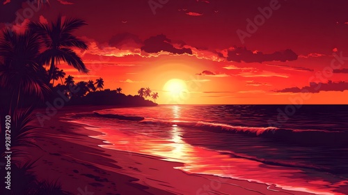 An illustration of a beach sunset, featuring vibrant colors and a dramatic sky.