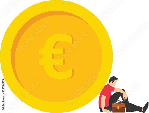 Thoughtful businessman investor thinking about where to invest on euro coin money. Thinking about money decision, financial planning or investment strategy, profit and loss, expense or tax concept.

