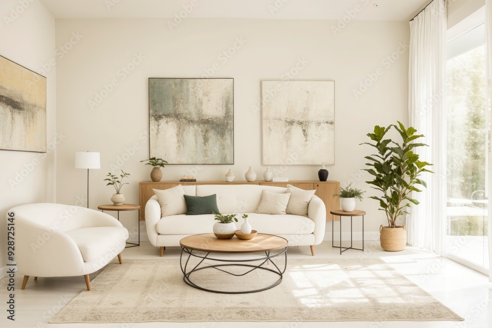 Fototapeta premium A living room with a white couch, a coffee table, and a potted plant