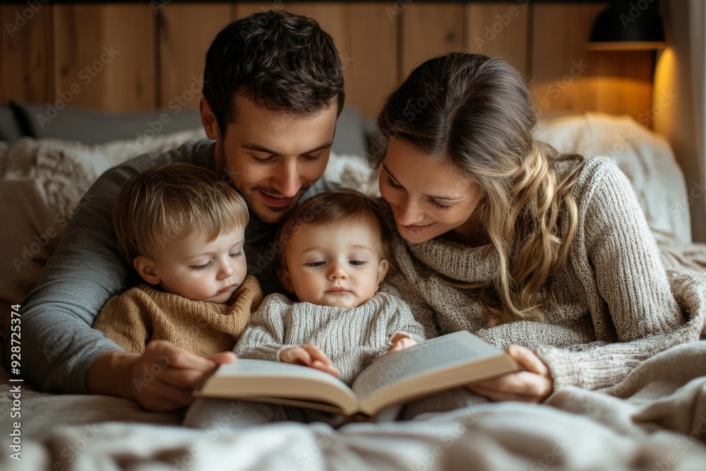Young family with two small children indoors in bedroom reading a book, Generative AI Young family with two small children indoors in bedroom reading a book, Generative AI