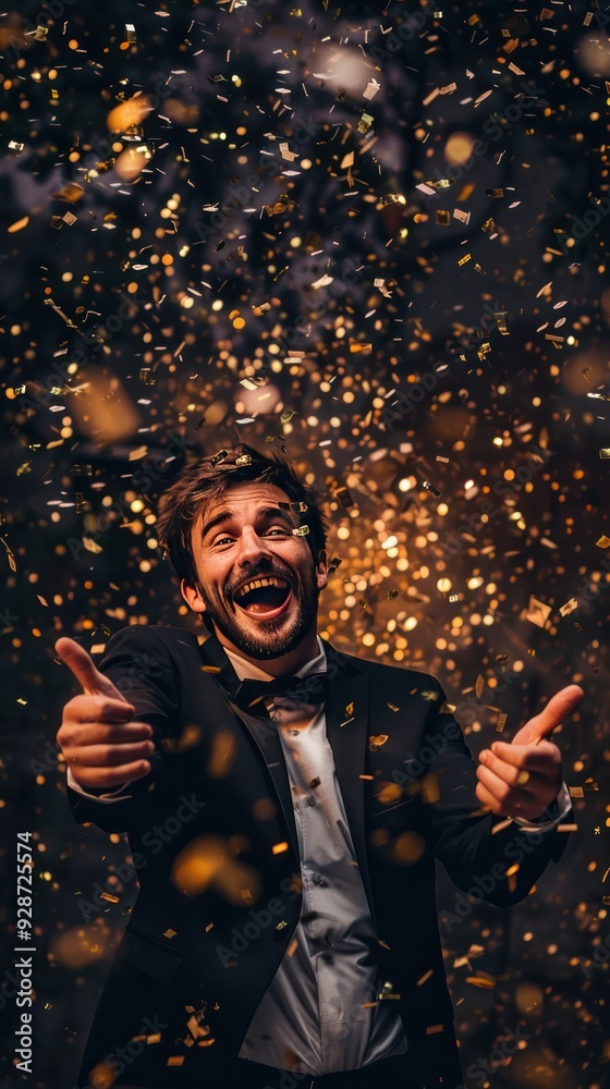 Man in Suit Celebrating with Confetti Man in Suit Celebrating with Confetti