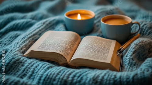 Serene Study Vibes: Light Blue and Brown Hues with Open Book and Pens