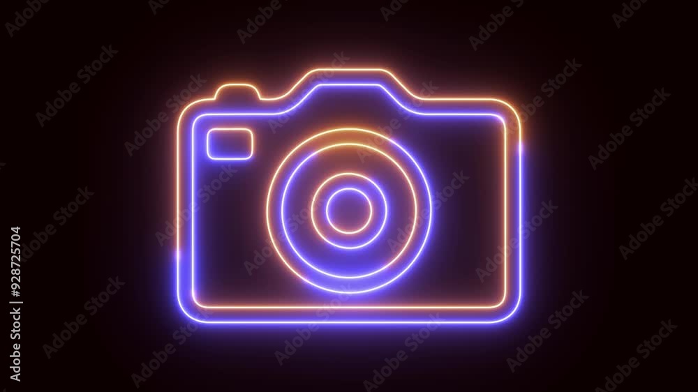 Camera with neon effect. Photographer's Day. Studio services. Retro camera. Vibrant pink and blue neon camera icon on black background with high-tech floor - 3d render Camera with neon effect. Photographer's Day. Studio services. Retro camera. Vibrant pink and blue neon camera icon on black background with high-tech floor - 3d render