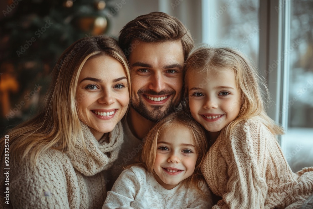 Young beautiful happy family relaxing at home, Generative AI Young beautiful happy family relaxing at home, Generative AI