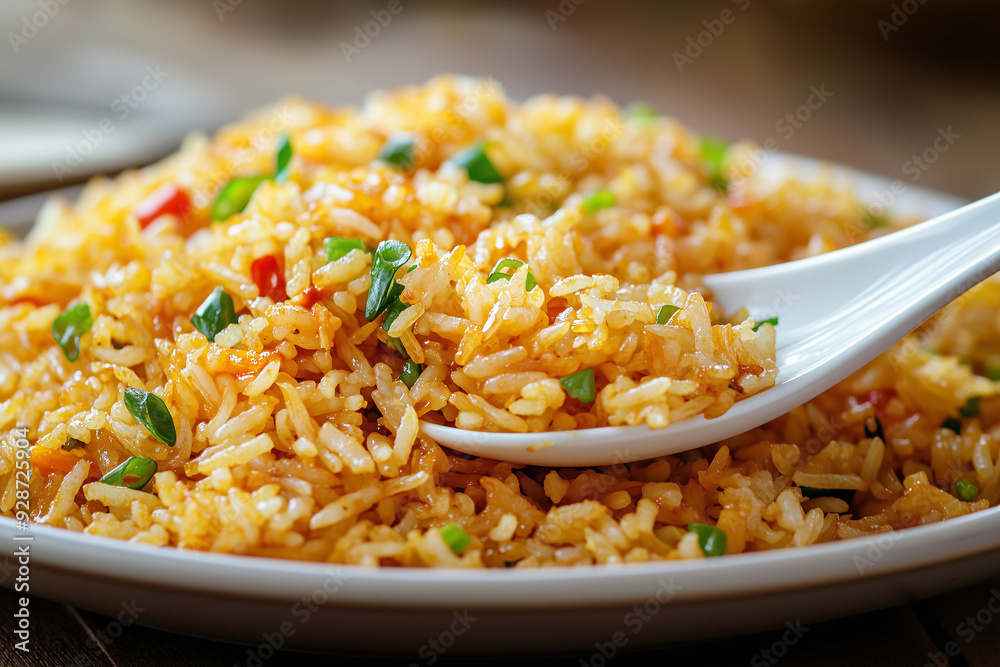 A plate of golden fried rice, with a spoon scooped up with a white spoon A plate of golden fried rice, with a spoon scooped up with a white spoon