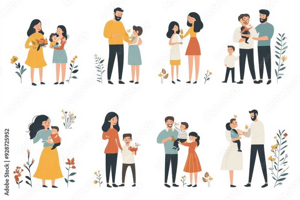 Set of happy families. Parents and children enjoying time together. Happy family concept. illustration can be used for presentation, project, webpage, Generative AI Set of happy families. Parents and children enjoying time together. Happy family concept. illustration can be used for presentation, project, webpage, Generative AI