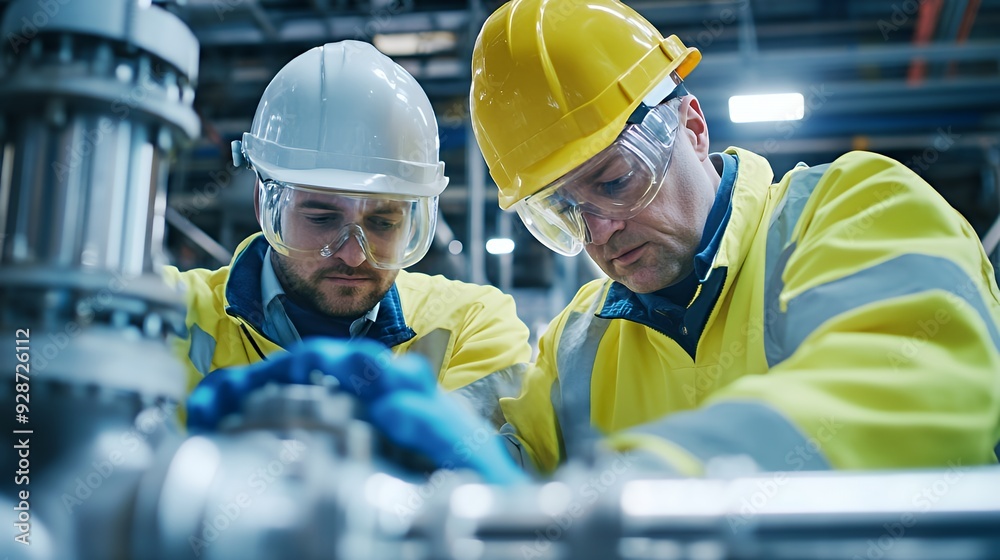 Two industrial workers in hard hats and safety glasses examine a large piece of machinery in a factory. Two industrial workers in hard hats and safety glasses examine a large piece of machinery in a factory.