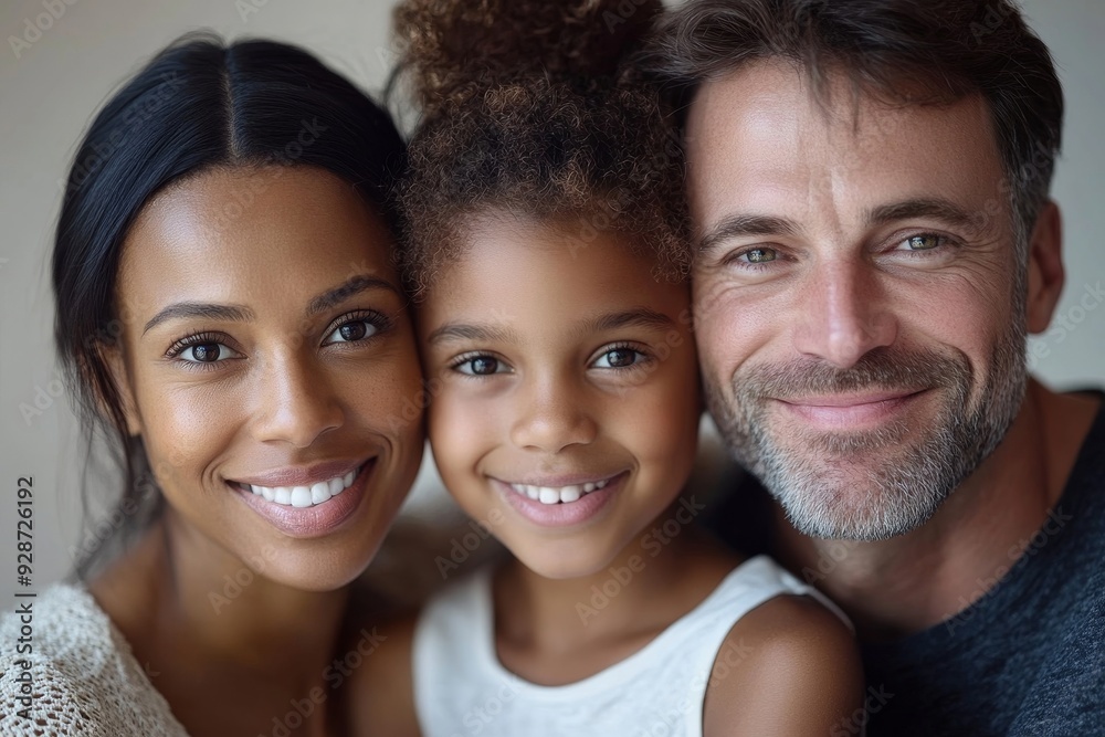 Casual close-up portrait of mixed-race family of white father, black mother, and biracial daughter. All are looking at the camera and smiling, Generative AI Casual close-up portrait of mixed-race family of white father, black mother, and biracial daughter. All are looking at the camera and smiling, Generative AI