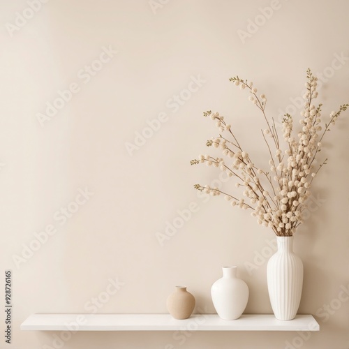 A white shelf with two vases and a bouquet of flowers