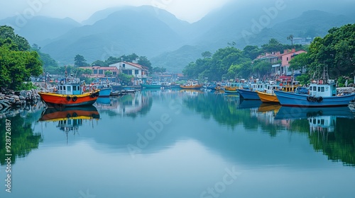 A serene morning view of Sai Kung, with fishing boats in the harbour and the surrounding hills reflected in the calm water.