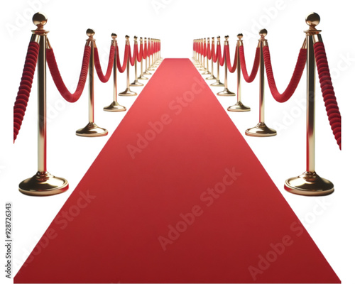 Red carpet and golden barriers isolated on transparent background - Generative AI