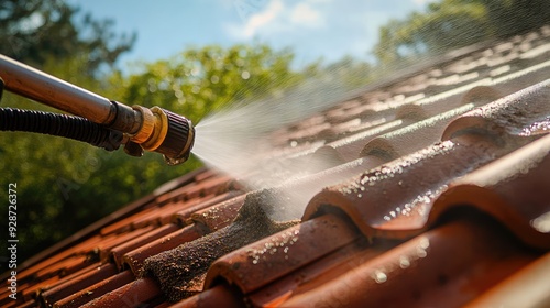 Efficient roof cleaning: A high-pressure cleaner in action, blasting away dirt and debris from a roof, demonstrating optimal cleanliness for effective maintenance. photo