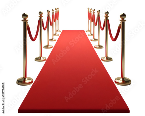 Red carpet and golden barriers isolated on transparent background - Generative AI