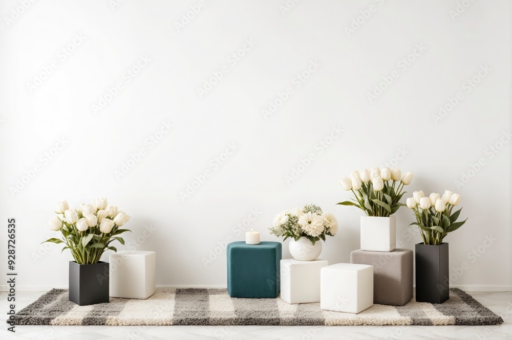 A white wall with a few potted plants and a rug A white wall with a few potted plants and a rug