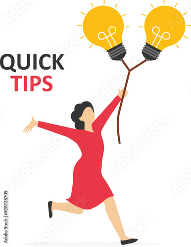 Smart businessman holding lightbulb ideas balloon telling quick tips. Quick tips for business, useful ideas or smart trick to success, advice or suggestion information for improvement concept.

