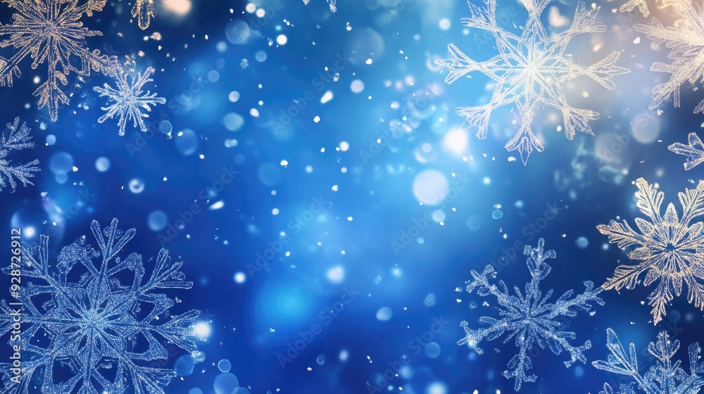 Festive winter banner with intricate snowflakes on a blue background, decorated for the holidays, with snow softly falling Festive winter banner with intricate snowflakes on a blue background, decorated for the holidays, with snow softly falling