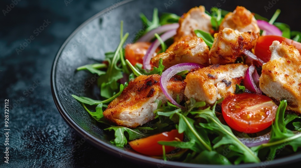 Fried chicken salad with rocket, tomatoes, and red onions, elegantly presented on a dark background, creating a contrast that makes the dish pop. Fried chicken salad with rocket, tomatoes, and red onions, elegantly presented on a dark background, creating a contrast that makes the dish pop.