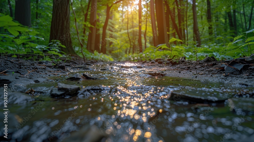 A serene forest landscape showcasing a tranquil stream with sunlight filtering through the dense canopy of lush green trees during a beautiful sunset A serene forest landscape showcasing a tranquil stream with sunlight filtering through the dense canopy of lush green trees during a beautiful sunset