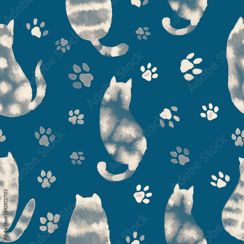 A blue seamless pattern with watercolor-painted cats and paw prints, hand-painted spotted red cats, sitting cats, a view from behind