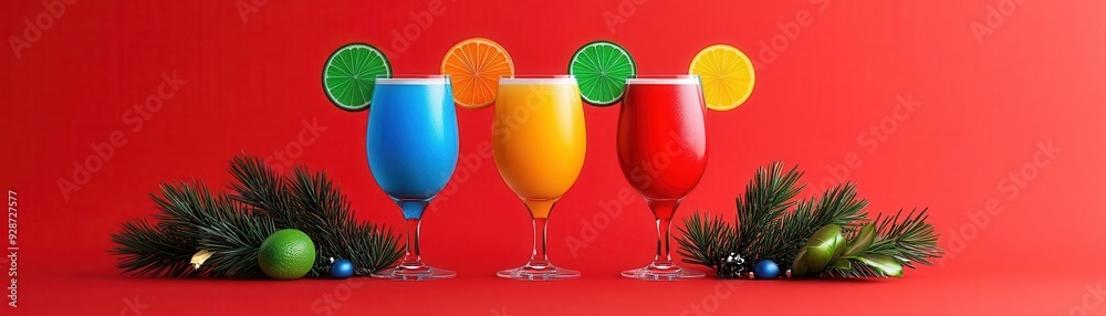 Festive party drinks flat design front view holiday celebration theme 3D render Split-complementary color scheme Festive party drinks flat design front view holiday celebration theme 3D render Split-complementary color scheme