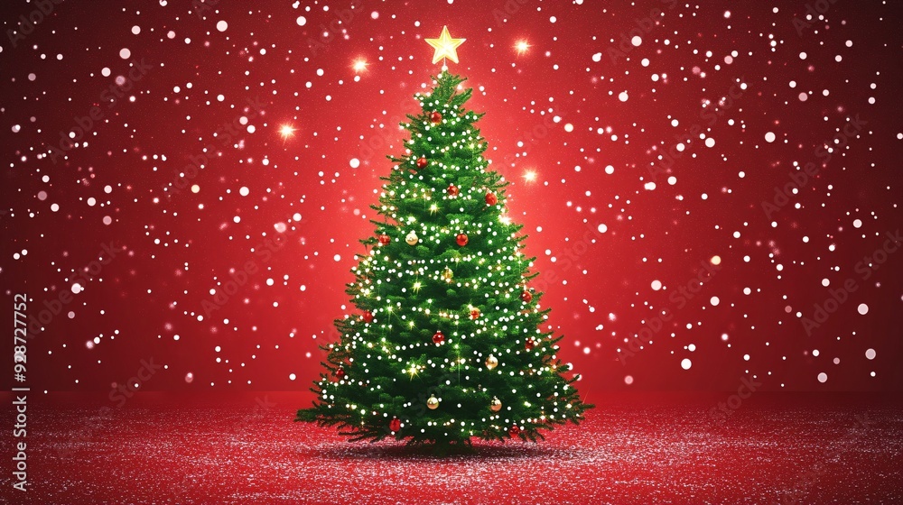A red background with a green Christmas tree silhouette in the center decorated with white lights A red background with a green Christmas tree silhouette in the center decorated with white lights