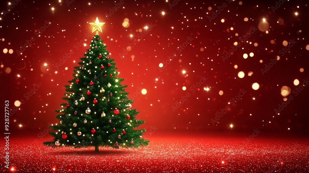 A red background with a green Christmas tree silhouette in the center decorated with white lights A red background with a green Christmas tree silhouette in the center decorated with white lights