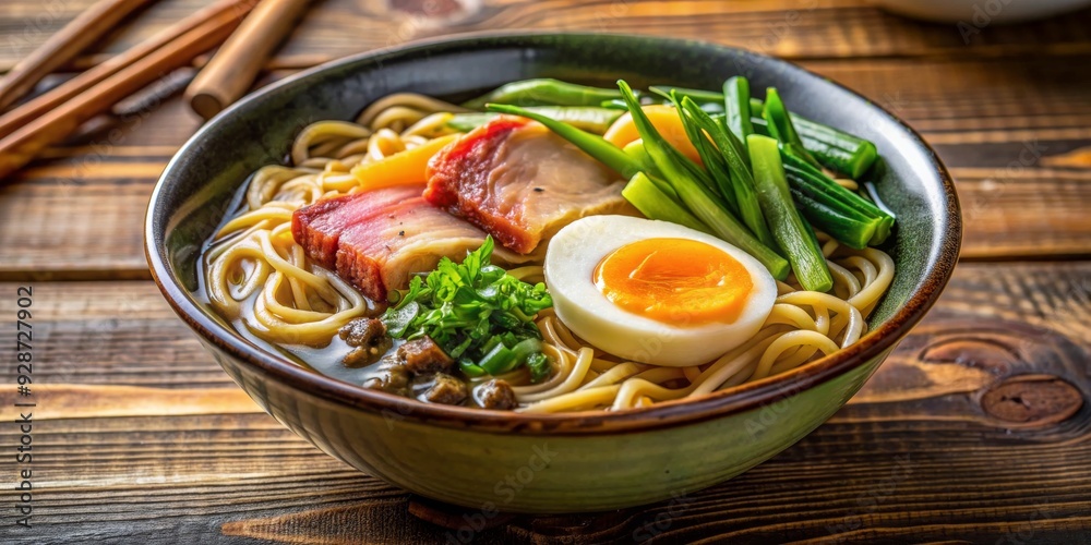 A Bowl of Delicious Ramen Noodles with Pork, Egg, and Green Onions, Japanese Cuisine, Ramen Soup, Asian Food, Food Photography A Bowl of Delicious Ramen Noodles with Pork, Egg, and Green Onions, Japanese Cuisine, Ramen Soup, Asian Food, Food Photography