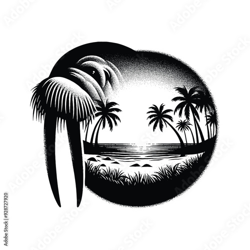 silhouette of Walrusfilled with ocean beach view with palm tree in rough drawing,