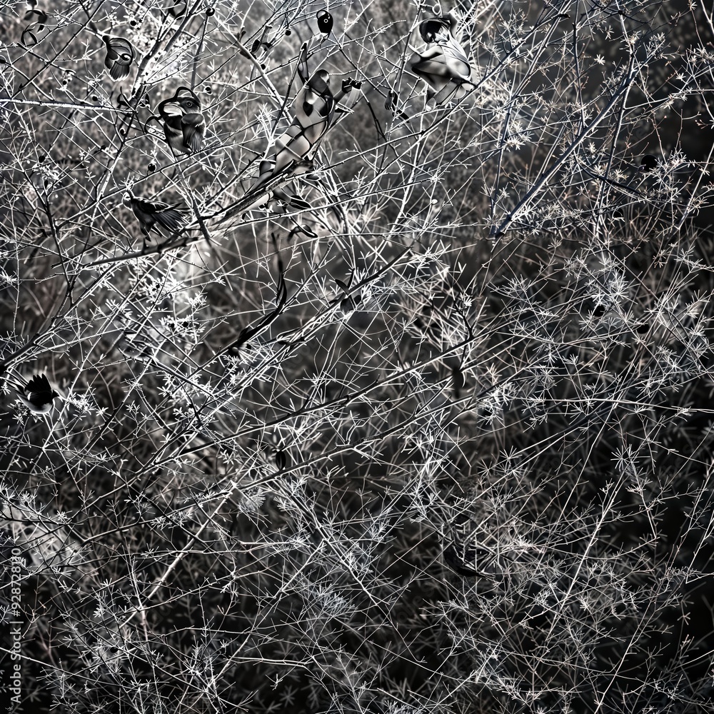 Nature's Intricate Tapestry. A monochromatic view of a dense thicket, showcasing the delicate interplay of branches and seeds. Nature's Intricate Tapestry. A monochromatic view of a dense thicket, showcasing the delicate interplay of branches and seeds.