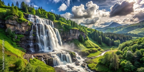 A cascading waterfall amidst lush greenery and dramatic clouds, waterfall, nature, landscape, Switzerland