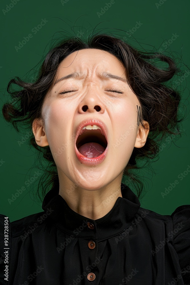 A Young Asian Woman Isolated, Shouting Loudly, Keeping Her Eyes Open And Hands Tense A Young Asian Woman Isolated, Shouting Loudly, Keeping Her Eyes Open And Hands Tense