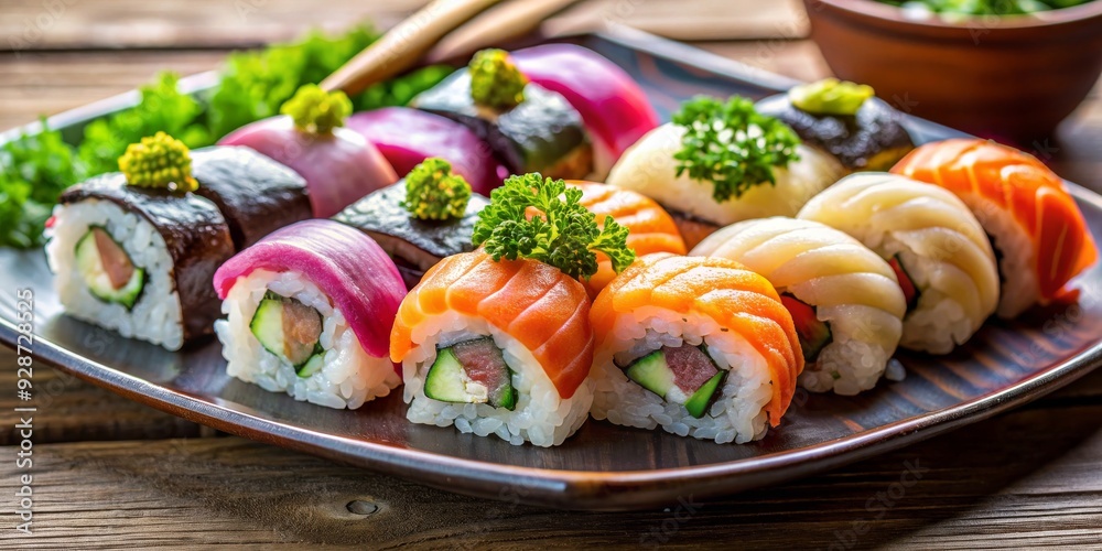A Colorful Plate of Sushi Rolls on a Wooden Table, Sushi , Japanese Cuisine , Seafood, Food Photography