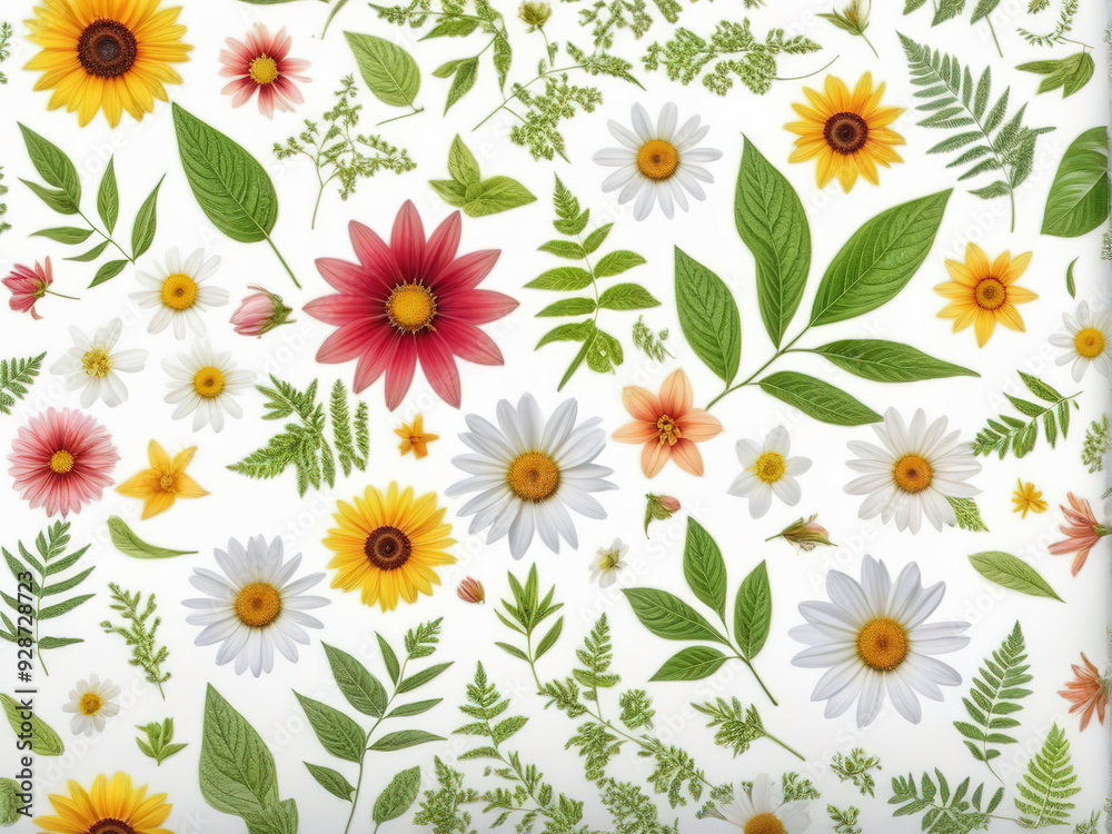Colorful flowers and leaves arranged on white background.