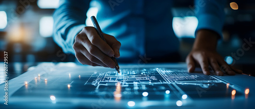 Aerospace engineer presenting a detailed blueprint, showcasing the innovative design of a new aircraft with advanced engineering solutions