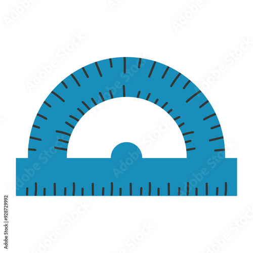 Blue plastic protractor in cartoon style hand drawn. Instrument for measuring angles
