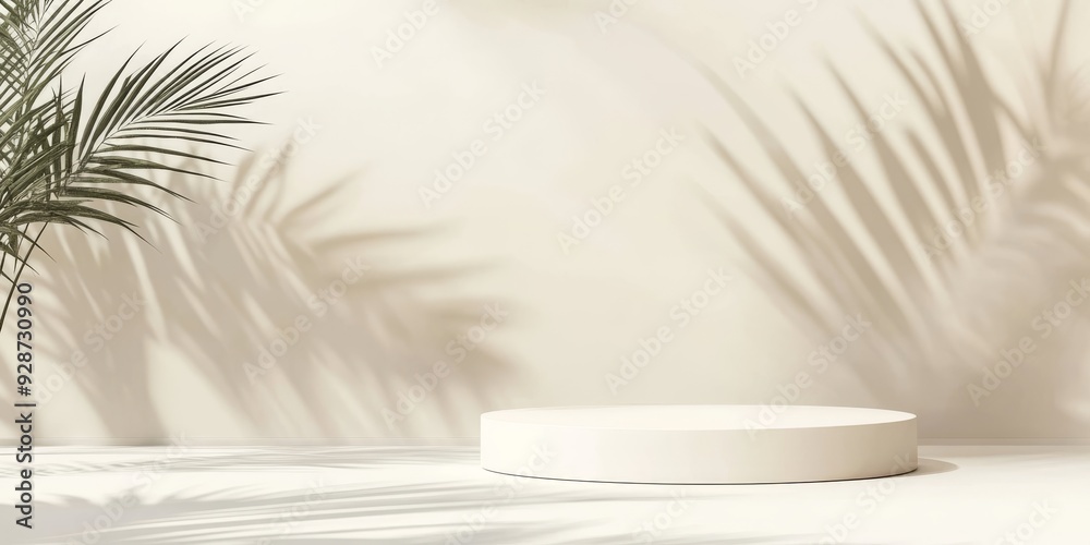 The soft light beige backdrop, elegant round podium, and gentle palm shadows create a refined setting, ideal for showcasing products and enhancing presentation experiences for clients The soft light beige backdrop, elegant round podium, and gentle palm shadows create a refined setting, ideal for showcasing products and enhancing presentation experiences for clients