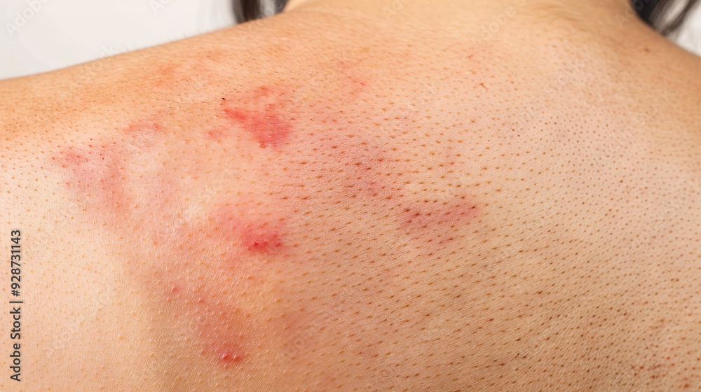 Fototapeta premium Close-Up of Skin Texture Exhibiting Severe Urticaria or Hives on the Back, Highlighting Allergy Symptoms and Skin Condition with Visible Inflammation and Rash